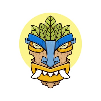 Tribal tiki masks Hawaiian totem culture vector wooden colored illustrations