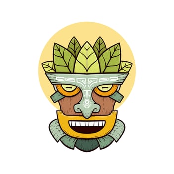 Tribal tiki masks Hawaiian totem culture vector wooden colored illustrations