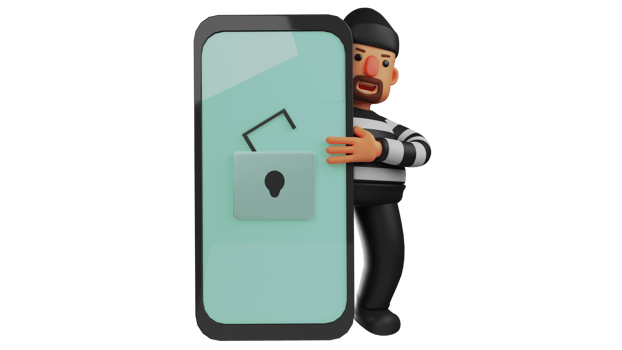 3D illustration. Villain 3D Cartoon Character. Villain holding a giant cell phone. Thief shows locked phone display. Thief is trying to unlock the phone so he can track the data. 3D cartoon character png