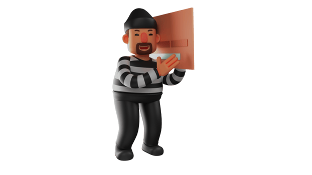 3D illustration. Clever Thief 3D Cartoon Character. The thief walked quietly and hid his face behind his wallet. The thief cheats everyone he meets. 3D cartoon character png