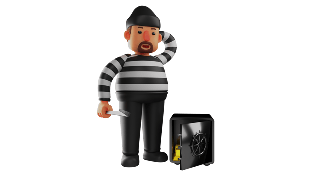 3D illustration. Calm Thief 3D Cartoon Character. The thief managed to open a safe. The thief showed a relieved expression because he managed to open the gold safe using a knife. 3D cartoon character png