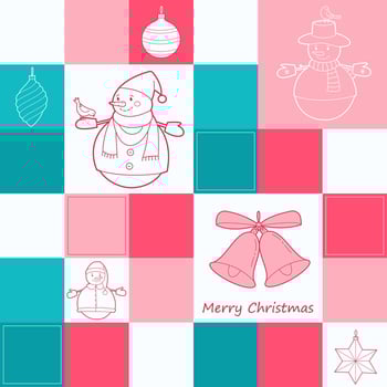 Geometric seamless pattern design for christmas and new year celebration. Snowmen and Christmas tree ornaments. vector