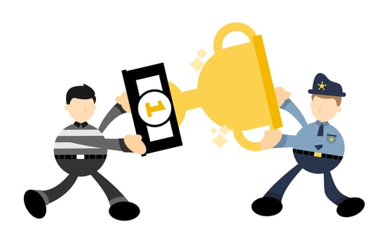 police officer man worker pick burglar thief trophy win champion cartoon doodle flat design style vector illustration