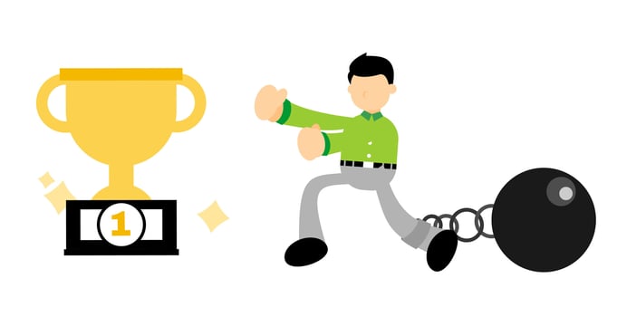 businessman difficult for get trophy cartoon doodle flat design style vector illustration