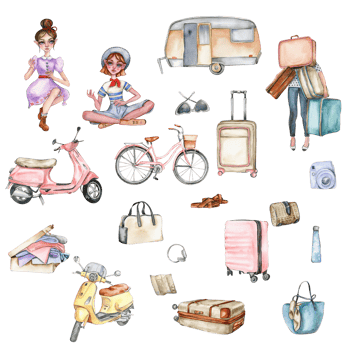 Watercolor hand drawn set of sitting small girl, travelling cases, scooters, bicycle . png