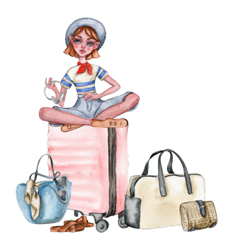 Composition of a small girl sitting on a travelling case. Fashionable child. Stylish sketch. png