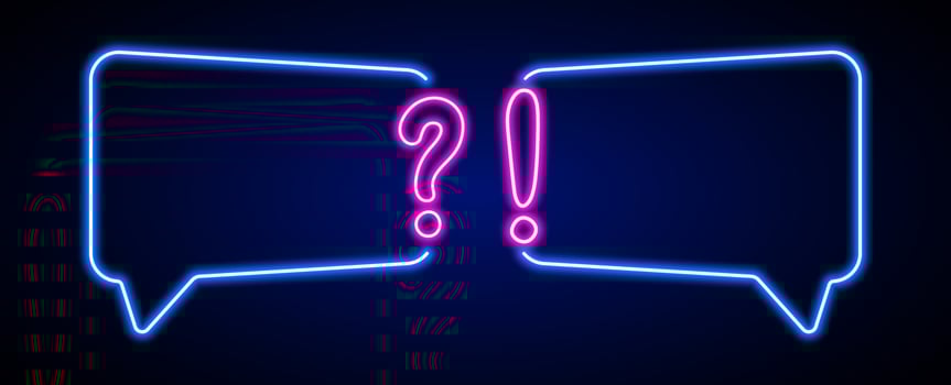 Neon quiz frame with question and exclamation. Faq question answer template vector