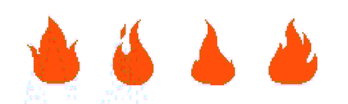 8bit retro game fire icon flames . Pixel flame fire vector