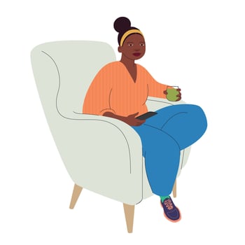 Woman with smartphone. African girl holing mobile phone in hands. Chatting online, sending messages concept. Vector character illustration for posters, banners, websites, and social media design.