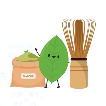 Tea leaves character. green tea cup vector. green tea powder vector. Matcha tea whisk. vector