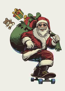 Santa Claus Riding Skateboard Carry Many Gift Box in Vintage Hand Drawn vector