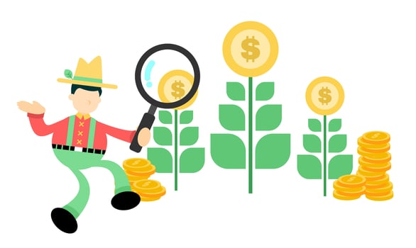 A man with a magnifying glass and coins vector