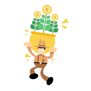 A cartoon man carrying a pot with money plants vector