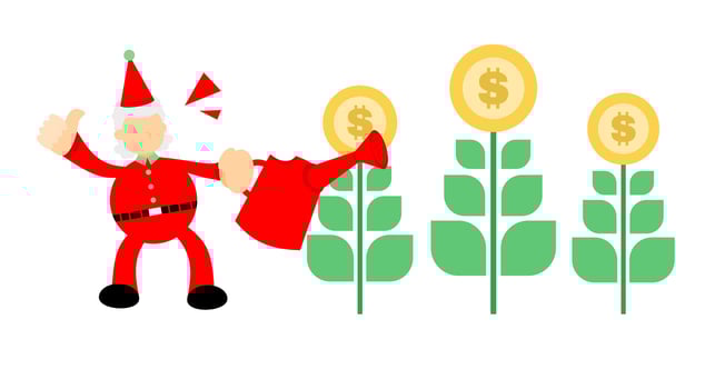 A cartoon santa claus watering plants with money vector