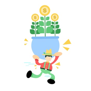 A cartoon man carrying a pot with money plants vector