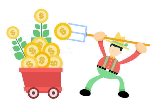 A cartoon man is pushing a wheelbarrow full of money vector
