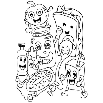 This asset features a monochrome image showing a collection of animated characters. It is ideal for use in cartoon-themed designs, illustrations, doodles coloring pages , and creative projects. vector