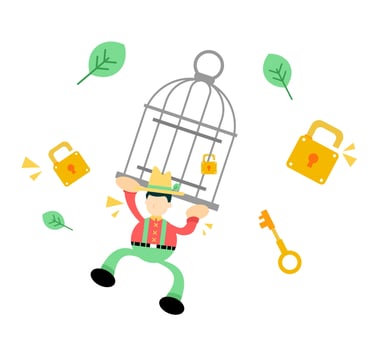 A cartoon man is holding a bird cage with keys and other items vector