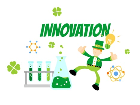 leprechaun shamrock celtic and experiment laboratory research innovation science cartoon doodle flat design style vector illustration