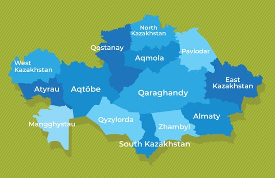 Kazakhstan map with regions blue political map green background vector illustration