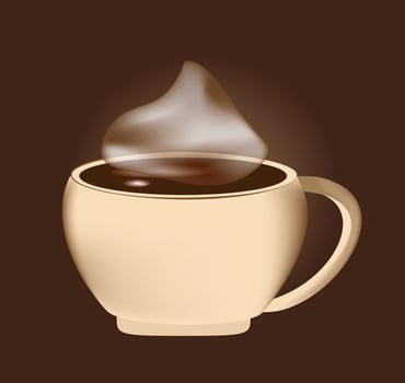 Cup of coffee, hot aromatic steam on a brown background. Vector illustration.