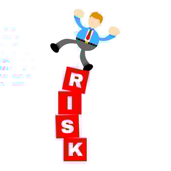 A cartoon man is jumping on top of a block with the word risk vector