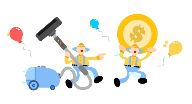 clown carnival and vacuum cleaner clean catch money cartoon doodle flat design style vector illustration