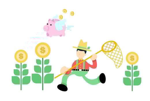 farmer man worker catch pig bank money economy cartoon doodle flat design style vector illustration