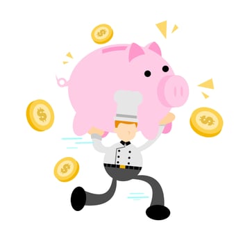 chef man worker pick pig bank money dollar economy cartoon doodle flat design style vector illustration