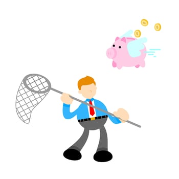businessman worker catch pig bank money economy cartoon doodle flat design style vector illustration
