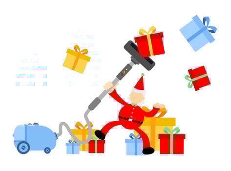 christmas santa claus merry and vacuum cleaner clean catch box cartoon doodle flat design style vector illustration