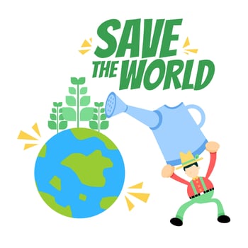 farmer save the world with tree plant cartoon doodle flat design style vector illustration