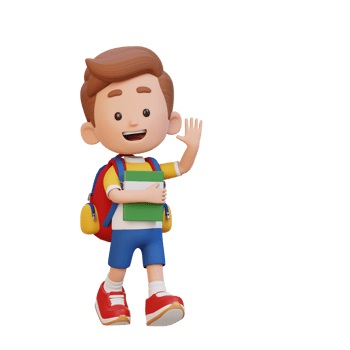3D happy kid character walking go to school holding book and waving hand png