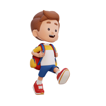 3D happy kid character walking go to school holding bag png