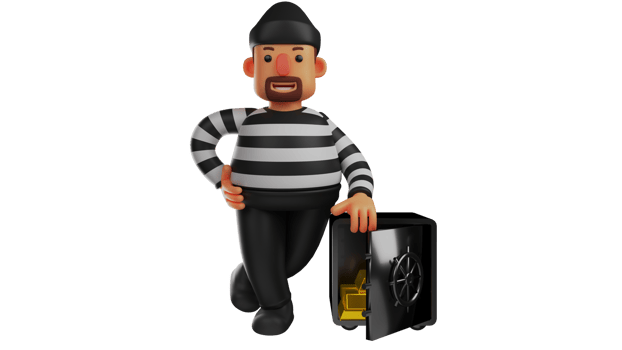 3D illustration. Arrogant Thief 3D Cartoon Character. The thief stood crossing his legs and showed a haughty smile. The thief stands next to the gold safe he stole. 3D cartoon character png