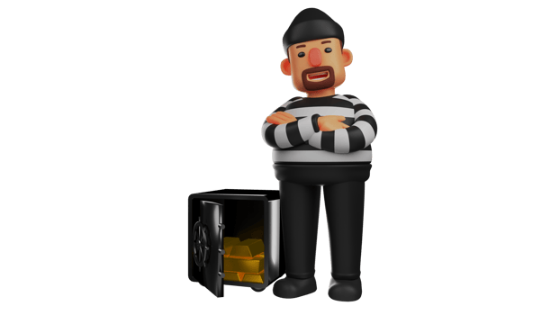 3D illustration. Handsome Villain 3D Cartoon Character. Thief standing next to the safe contains a lot of gold. Villain stood with his arms crossed and showed a sweet expression. 3D cartoon character png