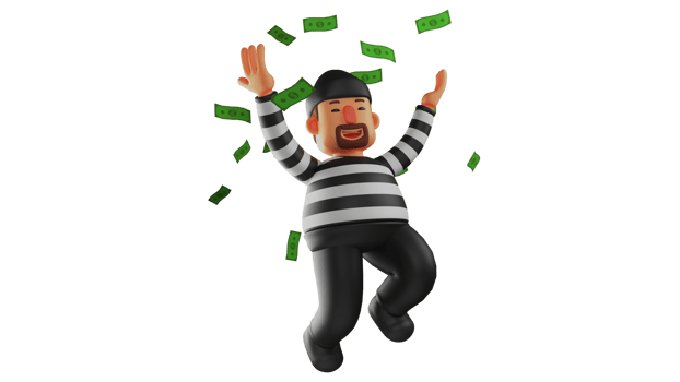 3D illustration. Rich Villain 3D Cartoon Character. The thief spread both his arms while laughing happily. The thief stands under a scattering of flying money. 3D cartoon character png