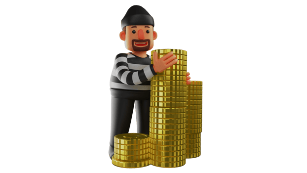 3D illustration. Successful Criminal 3D Cartoon Character. Thief standing next to gold coins pile. Criminal wears a black white t-shirt. Thief who is proud of his stolen treasure. 3D cartoon character png