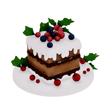Christmas Dessert 3D , a christmas cake slice with pine cones red berries and blueberries png