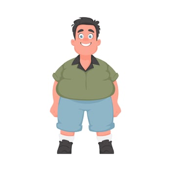 Fat man posing and smiling. Overweight guy is cute, body positivity theme. Cartoon style vector