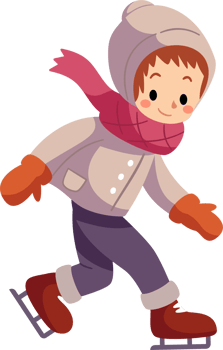 A happy child wearing colorful winter clothing is ice skating in the winter season. png