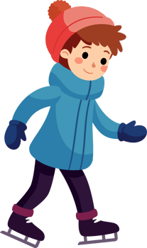 A happy child wearing colorful winter clothing is ice skating in the winter season. png