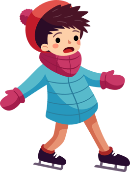 A happy child wearing colorful winter clothing is ice skating in the winter season. png