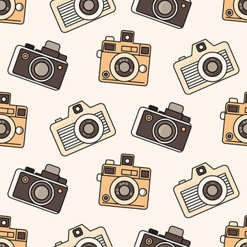 Seamless cute pattern three vintage cameras isolated on a light background. Background in retro colors, backdrop, wrapping paper, sepia tone. vector