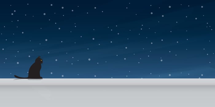 Black cat sitting on the wall at night in winter vector illustration.
