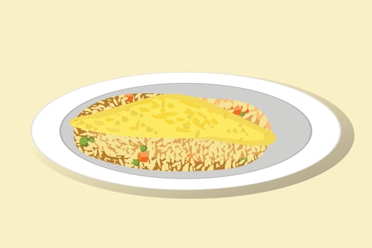 Vector flat illustration of Japanese food, fried rice with scrambled egg topping, omurice. scrambled eggs, melted eggs.