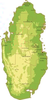Vector color physical map of the Republic of Qatar. The territory of an Asian state with roads, borders of regions and major cities. Geography of the country.