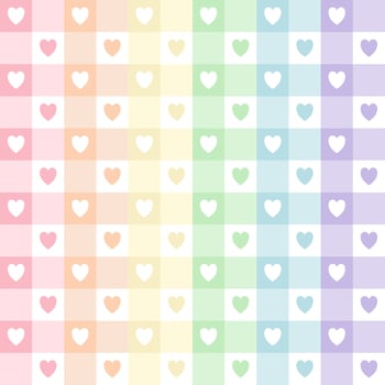 Abstract geometric vector pattern with hearts in rainbow pastel colors, pink, orange, yellow, green, blue, purple. Seamless summer grid pattern for gift paper, mat, fabric, textile.