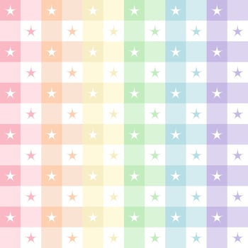 Abstract geometric vector pattern with star print in rainbow pastel colors, pink, orange, yellow, green, blue, purple. Seamless summer checkered pattern for gift paper, mat, fabric, textile.