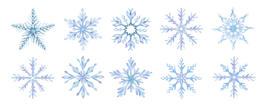 Set of snowflake. Watercolor Isolated illustration. Holiday traditional decoration, symbol of winter and cold weather. For card, poster, greeting, postcard, invitation, banner. vector